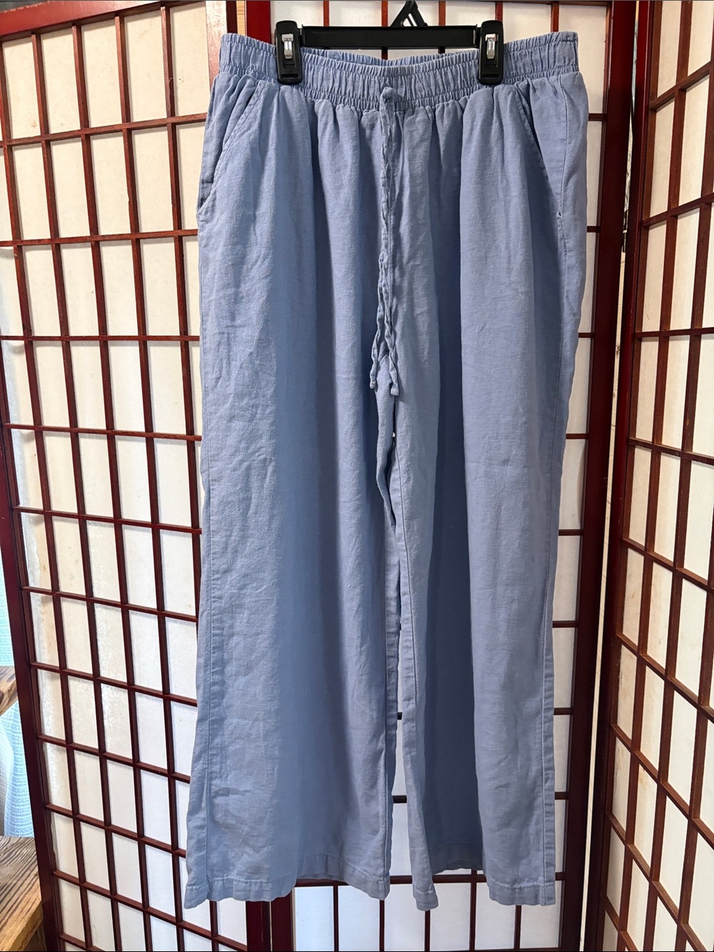 Light Blue woman’s Drawstring Linen-Blend Pants very comfortable can fit a large